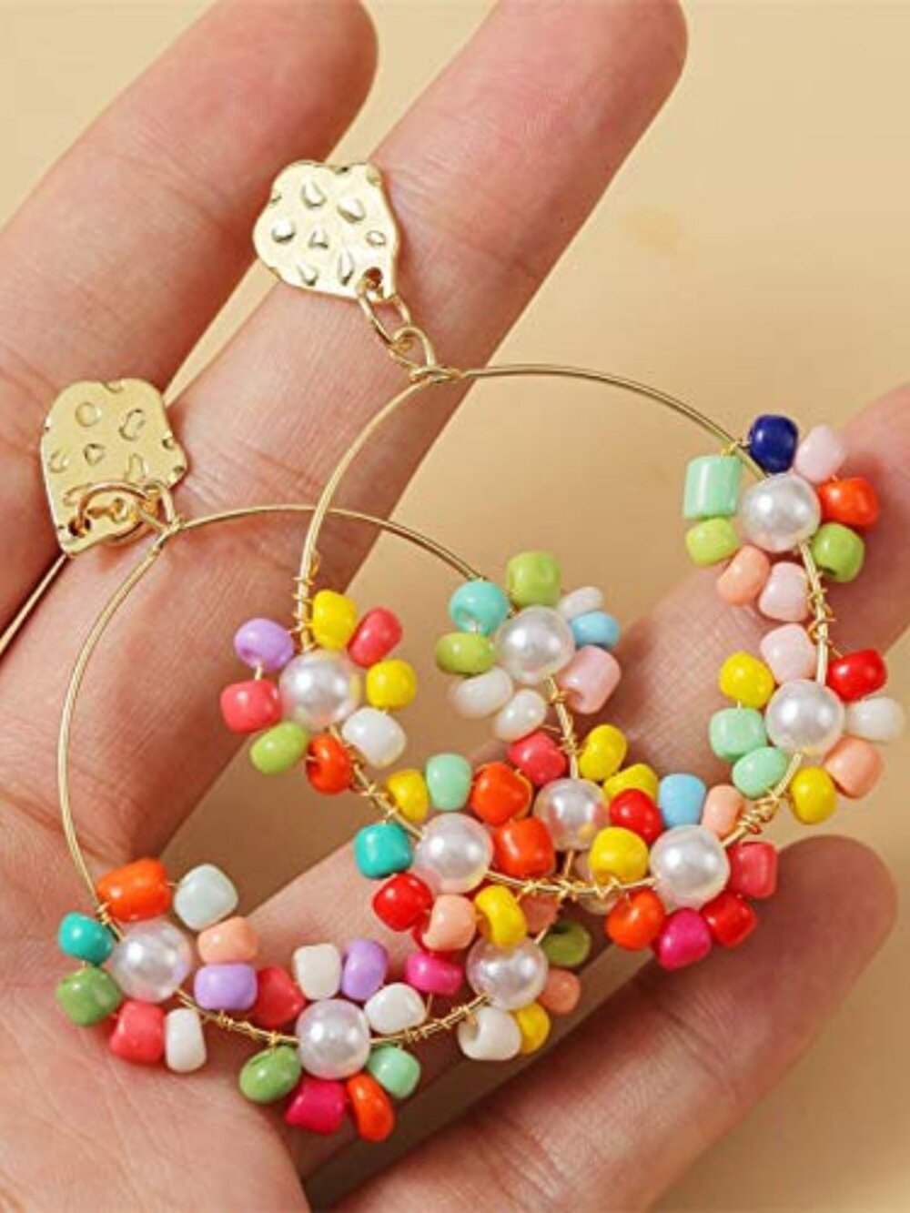 New‎ - Cute Daisy Flower Beaded Earrings for Women Multicolor Floral Hoop Dangle
